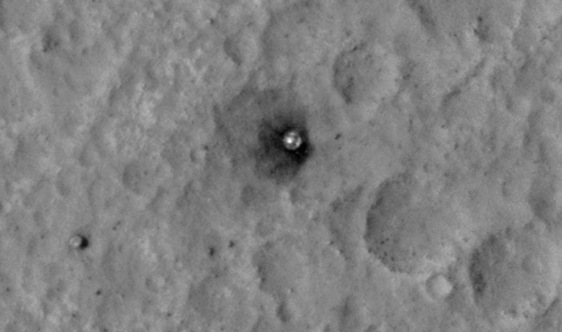 This sequence of images shows a blast zone where the sky crane from NASA's Curiosity rover mission hit the ground after setting the rover down in August 2012, and how that dark scar's appearance changed over the subsequent 30 months. The images are from HiRISE on NASA's Mars Reconnaissance Orbiter.