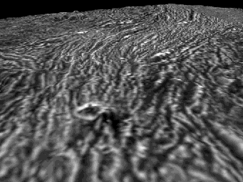 A simulated flyover of an area on Jupiter's largest moon, Ganymede, based on images taken by NASA's Galileo spacecraft, takes the viewer over rugged, ancient terrain that is interrupted by a bright icy swath of more recent surfacing.