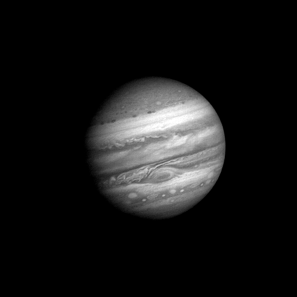This is a frame from the original Voyager 'Blue Movie' (so named because it was built from Blue filter images). It records the approach of NASA's Voyager 1 during a period of over 60 Jupiter days.
