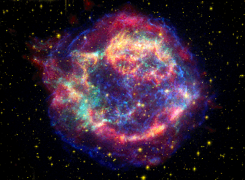 This false-color image from three of NASA's Great Observatories provides one example of a star that died in a fiery supernova blast. Called Cassiopeia A, this supernova remnant is located 10,000 light-years away in the constellation Cassiopeia.