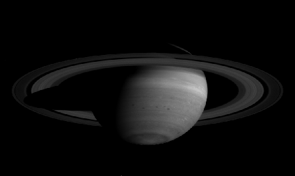 This image of Saturn's southern hemisphere taken by NASA's Cassini spacecraft cameras shows a banded appearance due to winds, as well as dark cyclonic ovals.