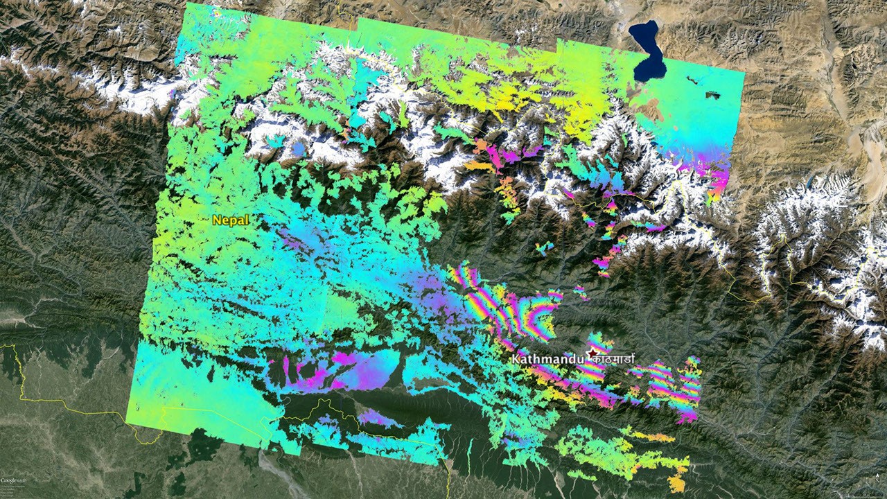 Wrapped InSAR interferogram with rainbow fringes over Nepal around Kathmandu after an earthquake