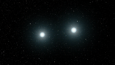This image from an animation shows the merger of two white dwarfs. A white dwarf is an extremely dense remnant of a star that can no longer burn nuclear fuel at its core.