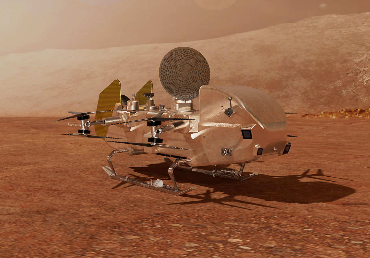 La nave espacial plateada Dragonfly sobre la superficie naranja óxido de Titán.