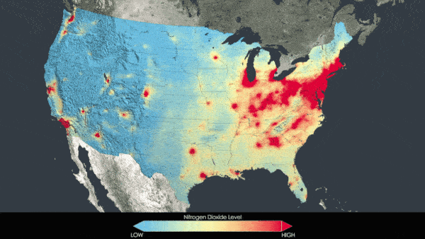 Animation showing decrease in nitrogen dioxide concentration from 2005 to 2011