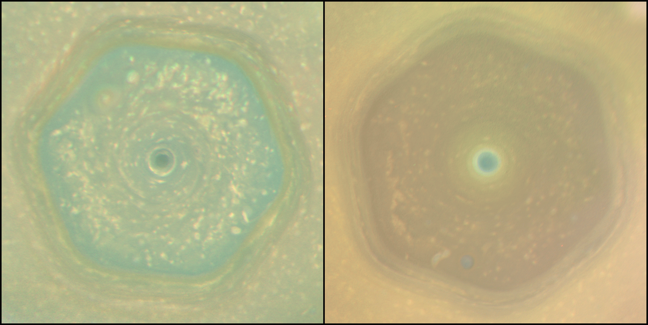 wo views of Saturn's northern hemisphere.