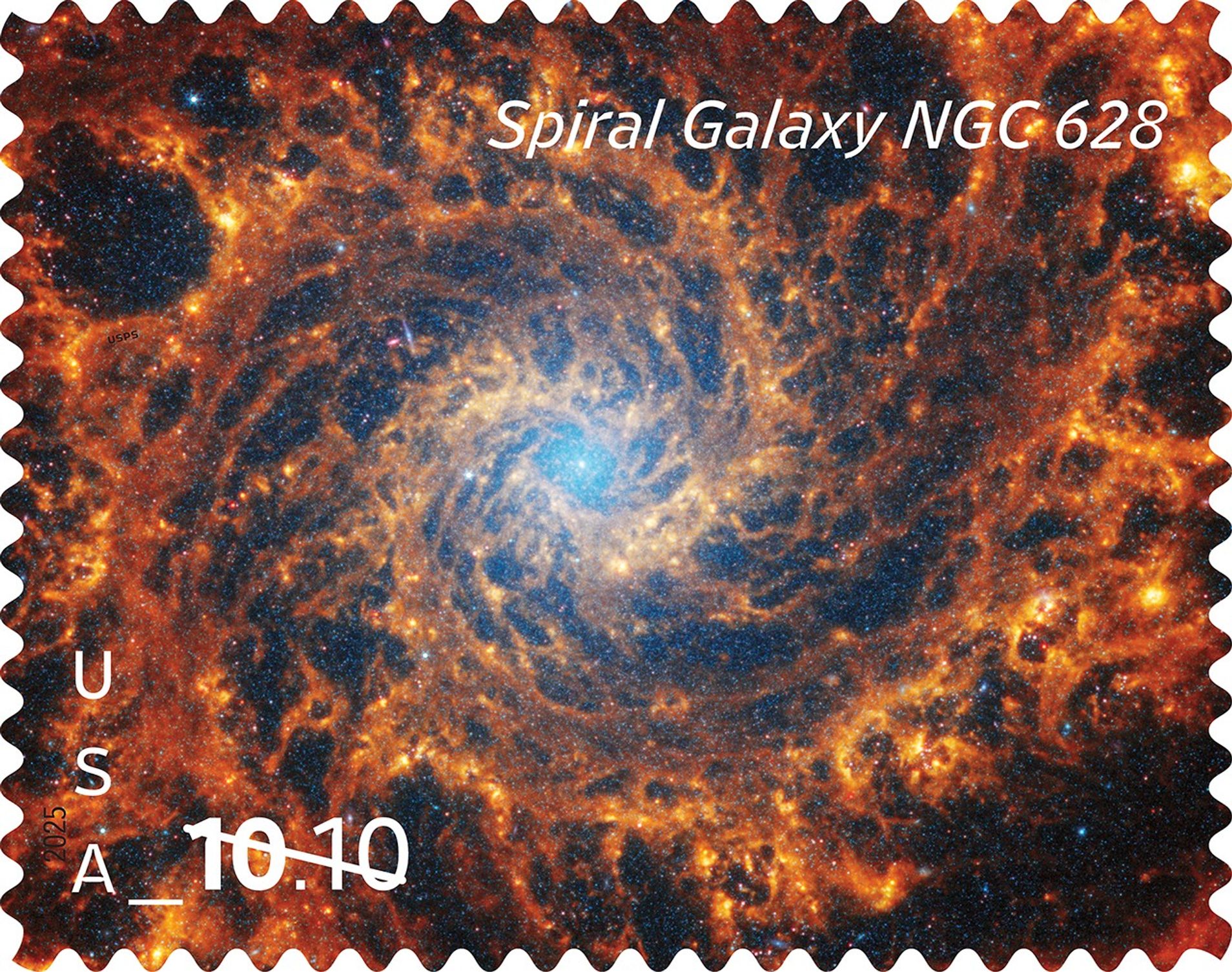 An image of a stamp with perforated edges. There is an orange spiral with a white blob in the middle against a black starry background. Text reads, Spiral Galaxy NGC 628