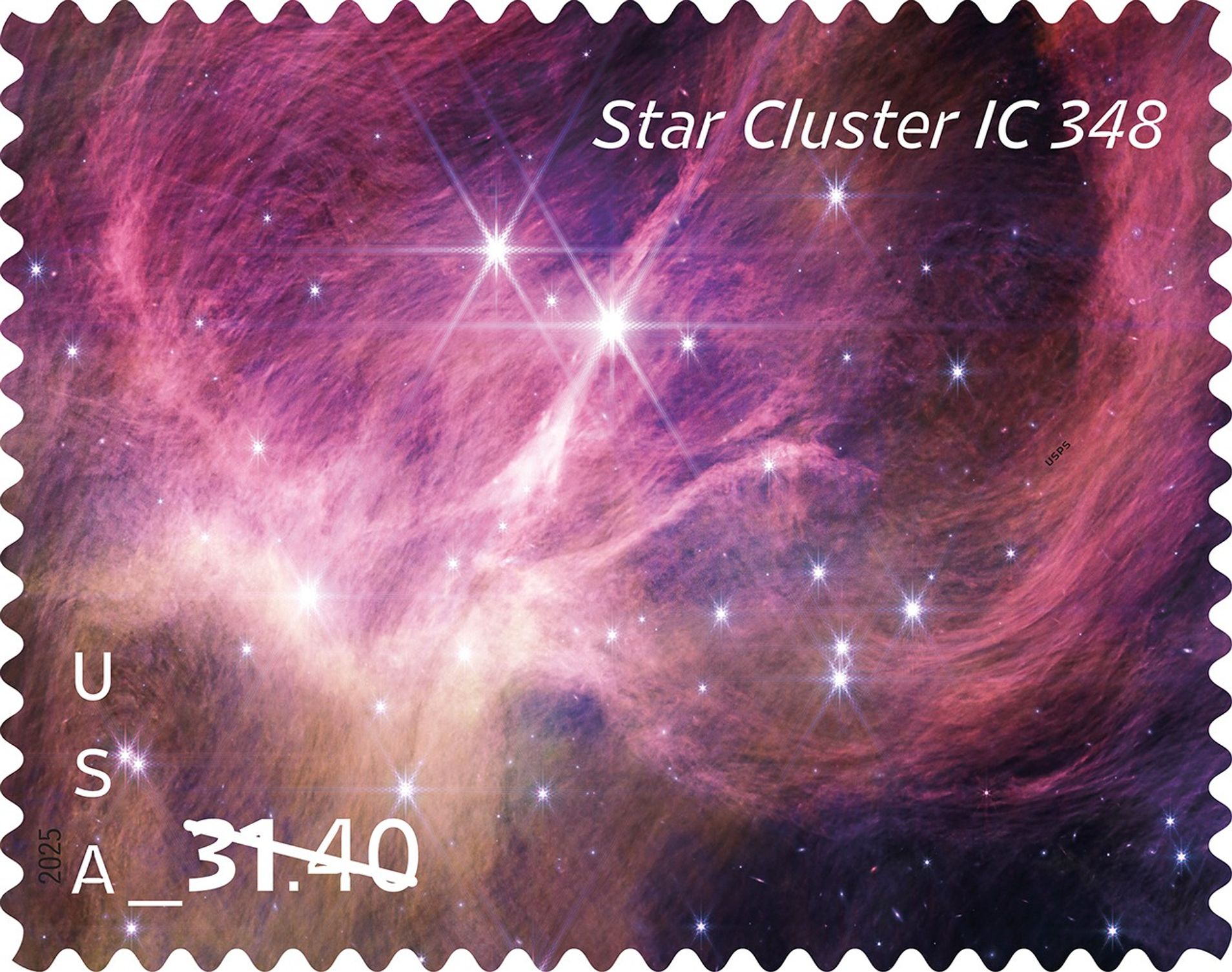 An image of a stamp with perforated edges. The image on the stamp is of a purple gaseous cloud with stars across the field. Text reads: Star Cluster IC 348.