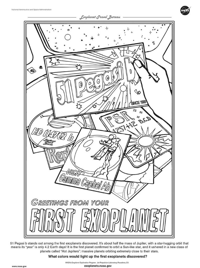 Add your touch to the coloring page for 51 Pegasi b based on our popular Exoplanet Travel Bureau poster that shows various post cards for first exoplanets discovered.