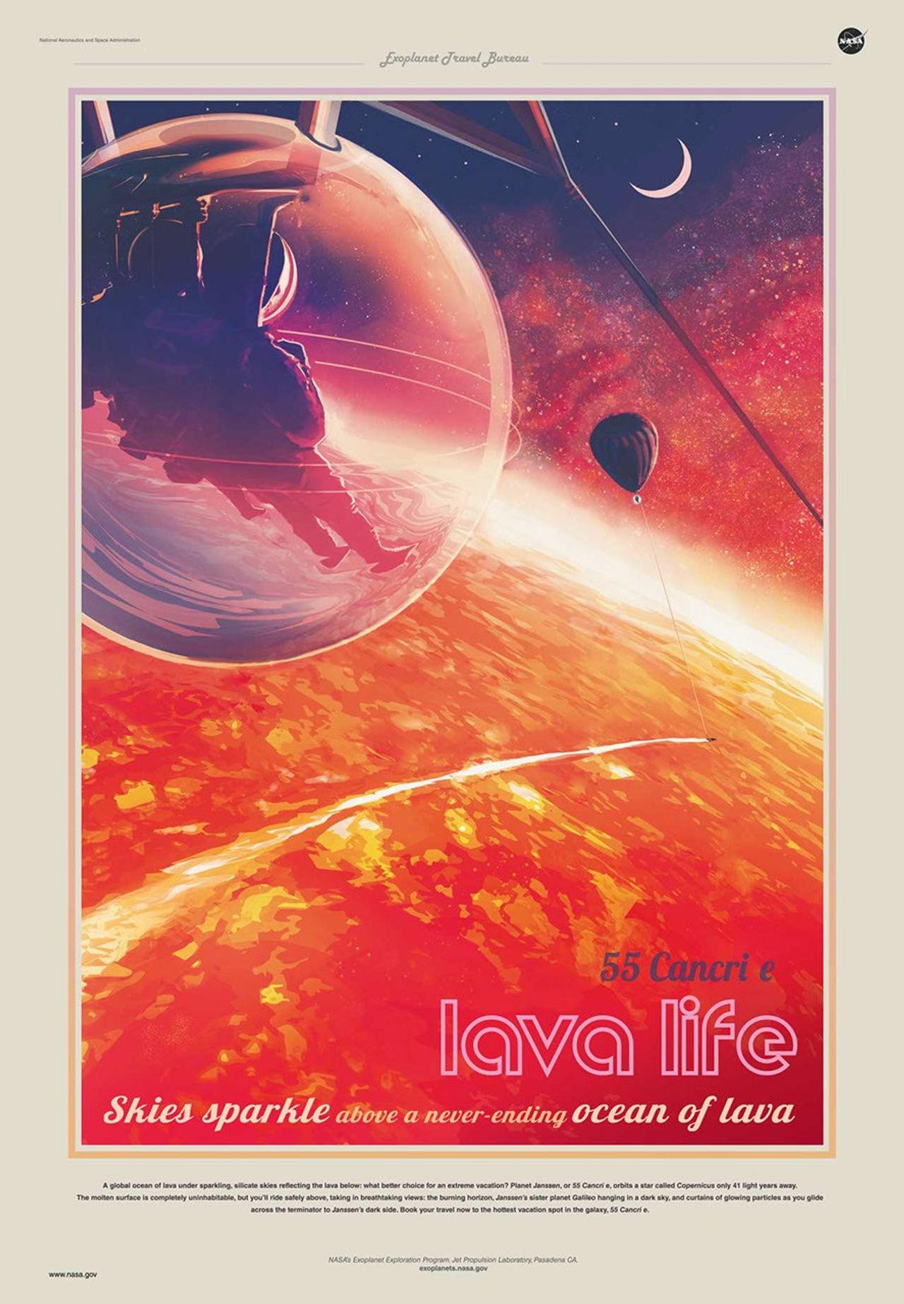 An artistic illustration of the surface of 55 Cancri e showing a couple in a protective bubble, suspended by a futuristic balloon over a global surface of lava, under dark, sparkling skies.