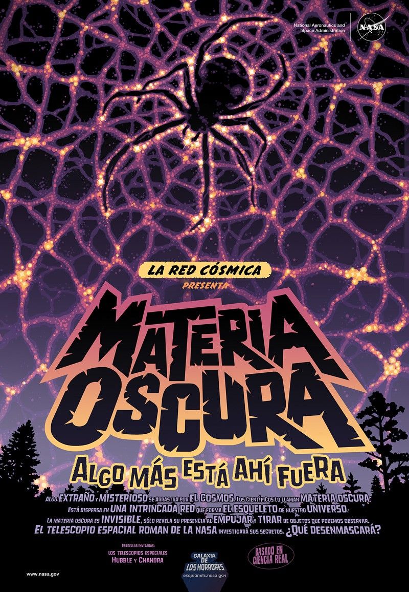 Una red luminosa es visible en el cielo nocturno más allá del límite de un bosque. Dispersa entre los nodos de la red está la oscuridad, que denota la presencia de materia oscura. En el centro de la telaraña, la oscuridad se funde para crear la forma de una araña.