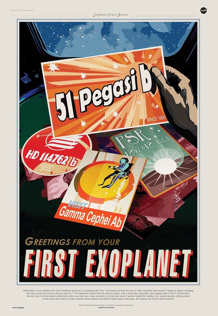 A traveler is seen on a travel poster for the first exoplanets. The person is sitting at a table covered in postcards overlooking a window filled with a view of a star filled sky. One of the postcards says 51 Pegasi b, which was the first exoplanet discovered orbiting a sun-like star. The poster says, ‘’Greetings from the first exoplanet.’’