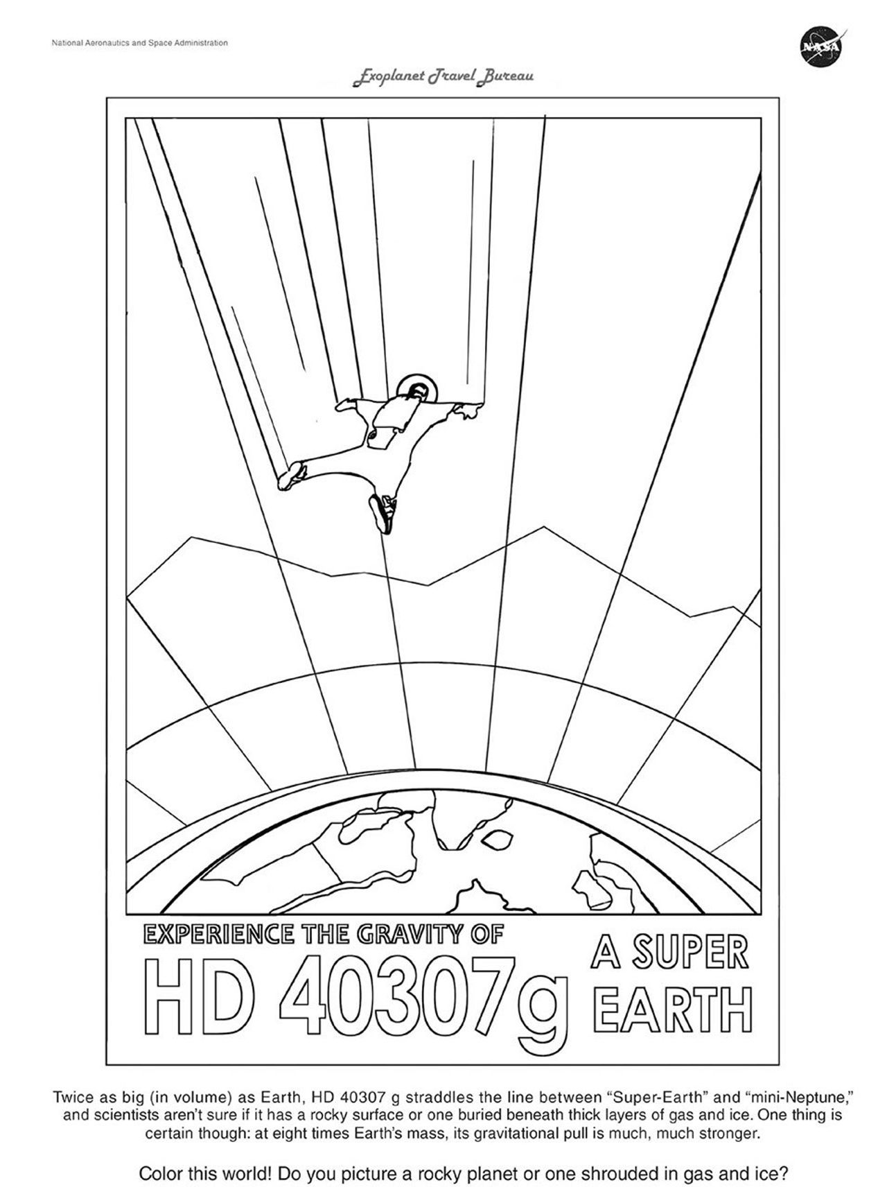 A coloring page based on our popular Exoplanet Travel Bureau poster for HD 40307 g that shows the effects of super gravity as a skydiver descends over the planet.