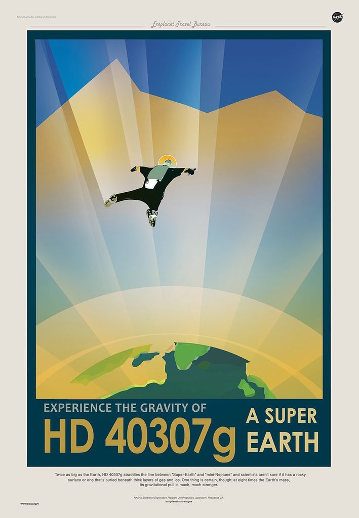 A travel poster for the exoplanet HD 40307g shows a skydiver high above a blue planet. It says, ‘’Experience the gravity of a super earth.’’ The poster is done in greens, blues and yellows. The blue sky is peeking out behind jagged gradients of yellow. The skydiver is wearing a futuristic suit with a parachute on their back. There are gradients of yellow colors surrounding the giant planet with streaks of light streaming toward the planet. 