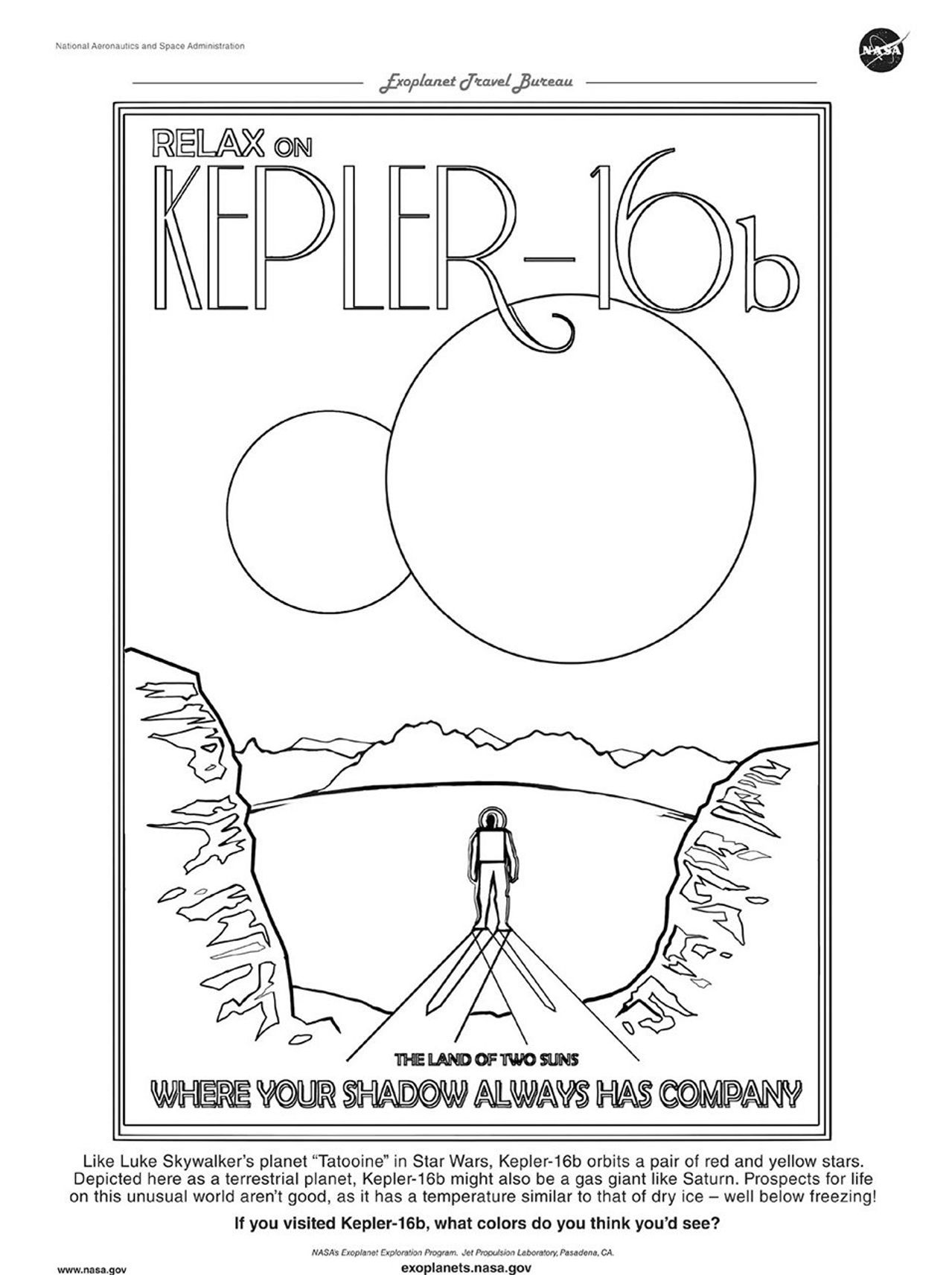 If you visited Kepler-16b, what colors do you think you’d see? Download the coloring page based on our Exoplanet Travel Bureau poster for the world with two suns.