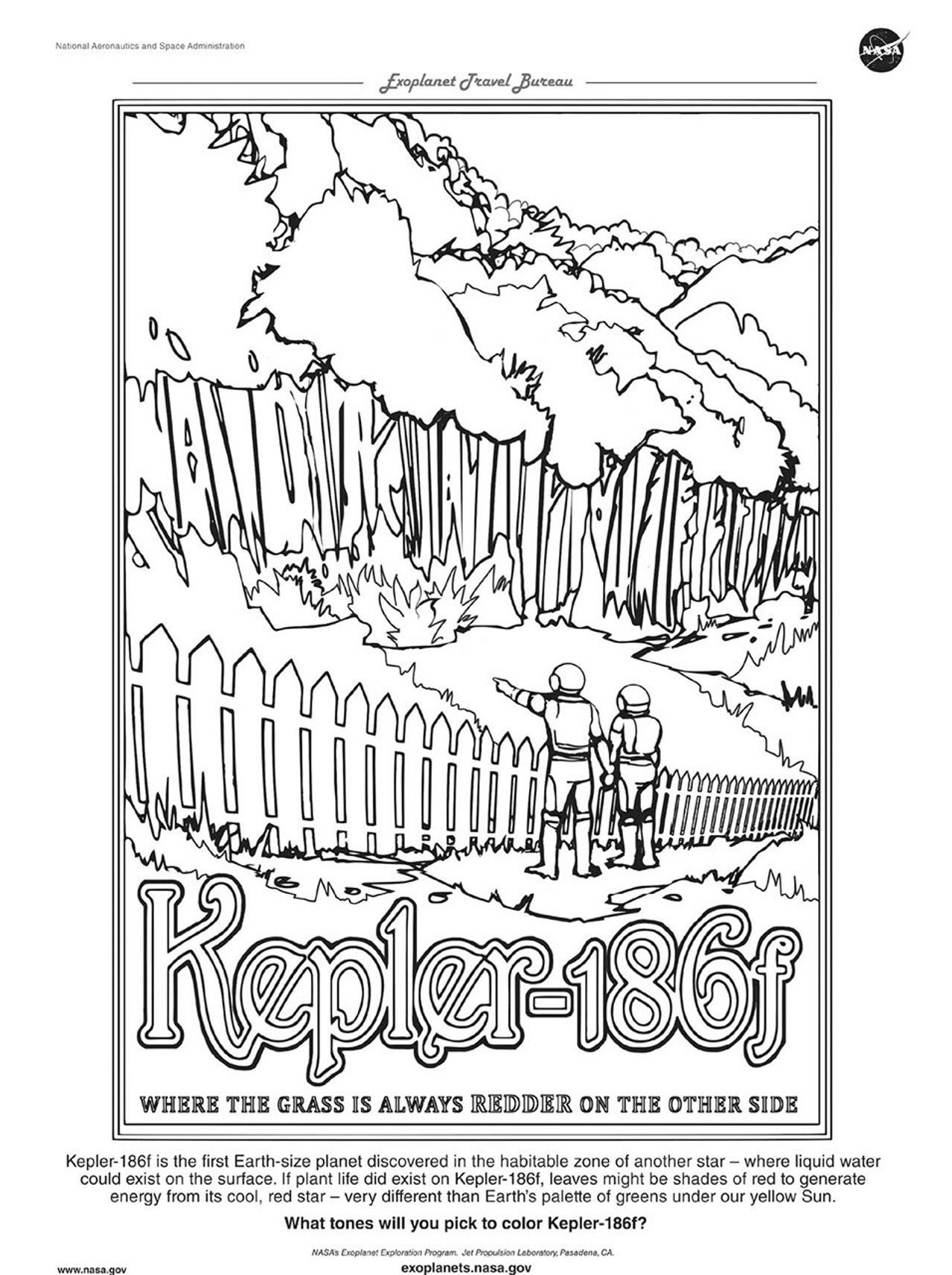 A downloadable version of a coloring page for the Kepler-16b exoplanet travel poster.