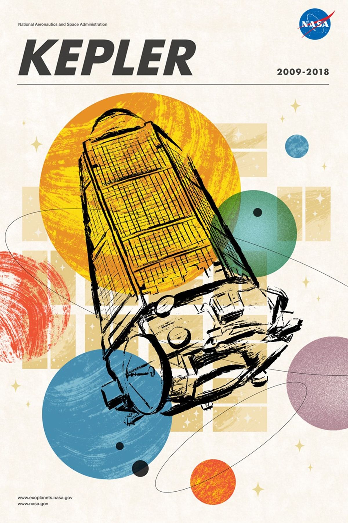 illustration of the Kepler Space Telescope and a colorful array of planets