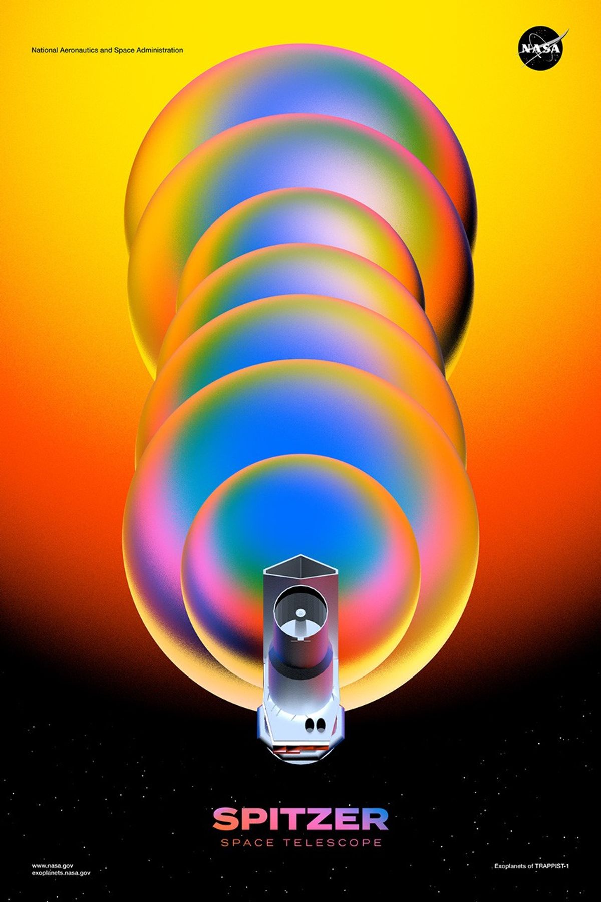 An illustrated poster of the Spitzer Space Telescope along with the exoplanets of the TRAPPIST-1 system