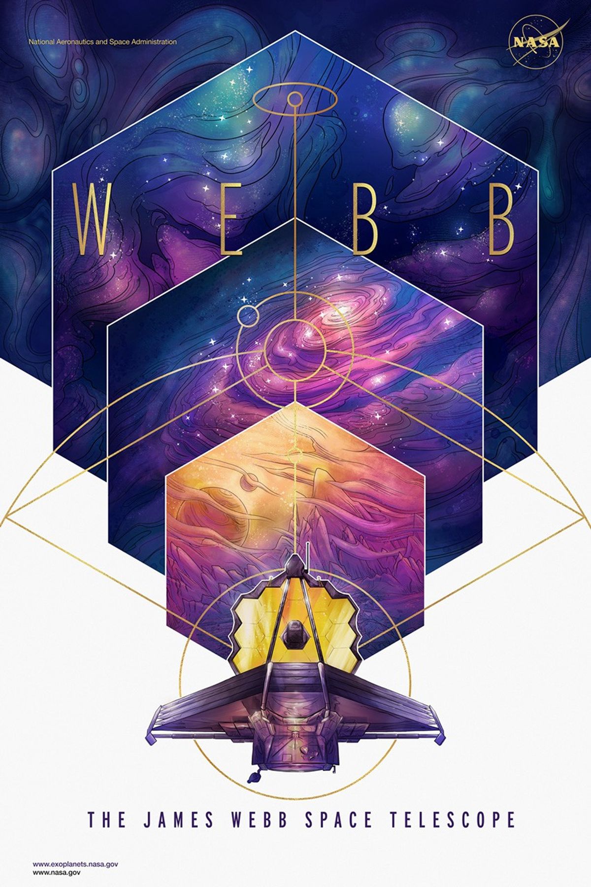 illustrated poster depicting the James Webb Space Telescope against a colorful geometric background