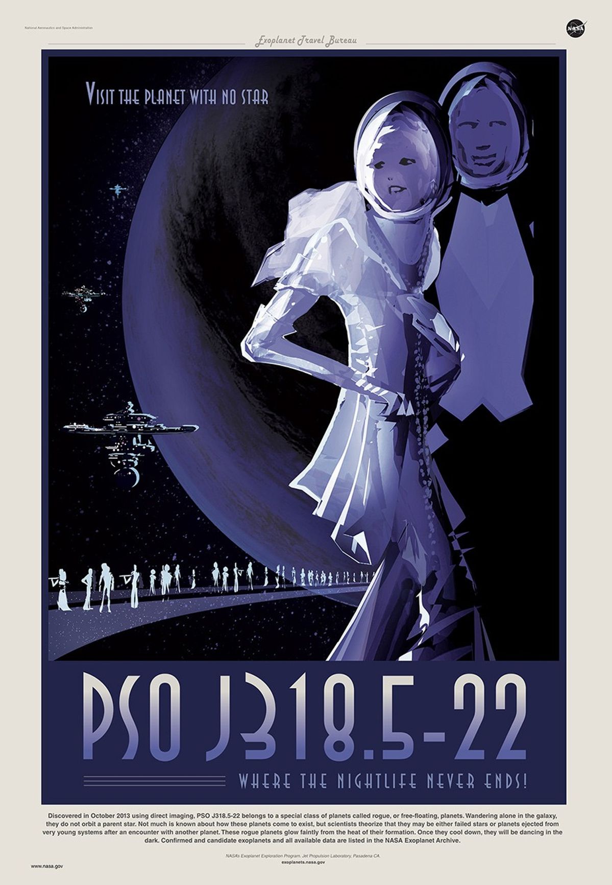 A travel poster for the exoplanet PSO J318.5-22 shows a man and a woman in the foreground in futuristic party clothes and elegant space helmets. Behind them is a giant planet with advanced looking technology and hardware on spaceships floating nearby. A group of partygoers are behind the man and the woman and all are standing on an outside deck like the ones seen surrounding the background spaceships. All of the partygoers are in fancy dresses, tuxedos and slim space helmets. The text on the poster says, ‘’Visit the planet with no star. PSO PSO J318.5-22, where the nightlife never ends.’’