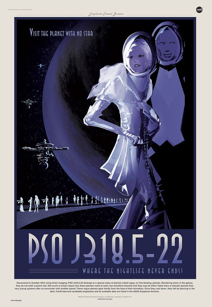A travel poster for the exoplanet PSO J318.5-22 shows a man and a woman in the foreground in futuristic party clothes and elegant space helmets. Behind them is a giant planet with advanced looking technology and hardware on spaceships floating nearby. A group of partygoers are behind the man and the woman and all are standing on an outside deck like the ones seen surrounding the background spaceships. All of the partygoers are in fancy dresses, tuxedos and slim space helmets. The text on the poster says, ‘’Visit the planet with no star. PSO PSO J318.5-22, where the nightlife never ends.’’