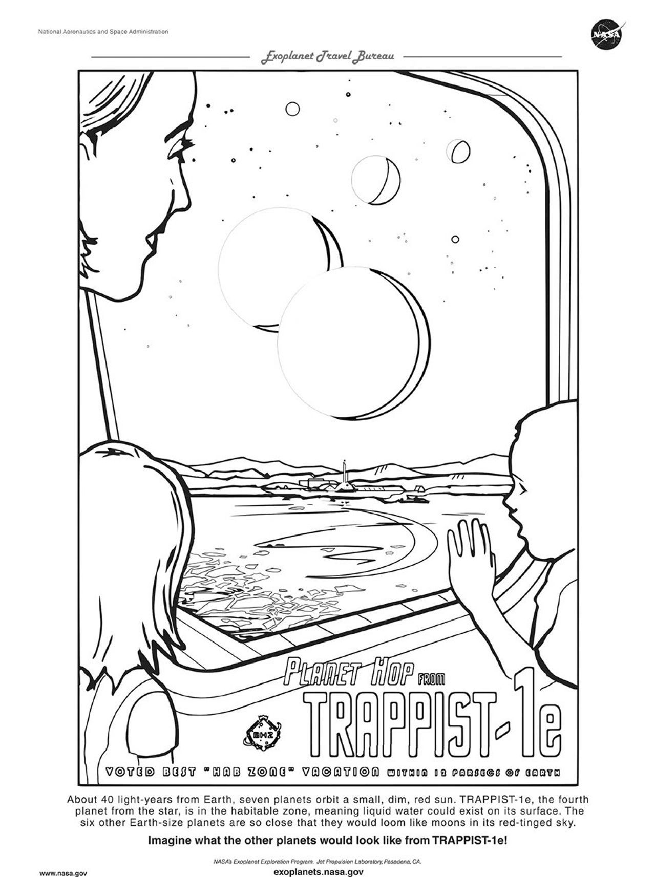 A downloadable version of a coloring page for TRAPPIST-1e.