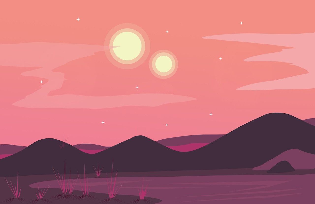 Artist's concept of two suns in the pink sky of an exoplanet.