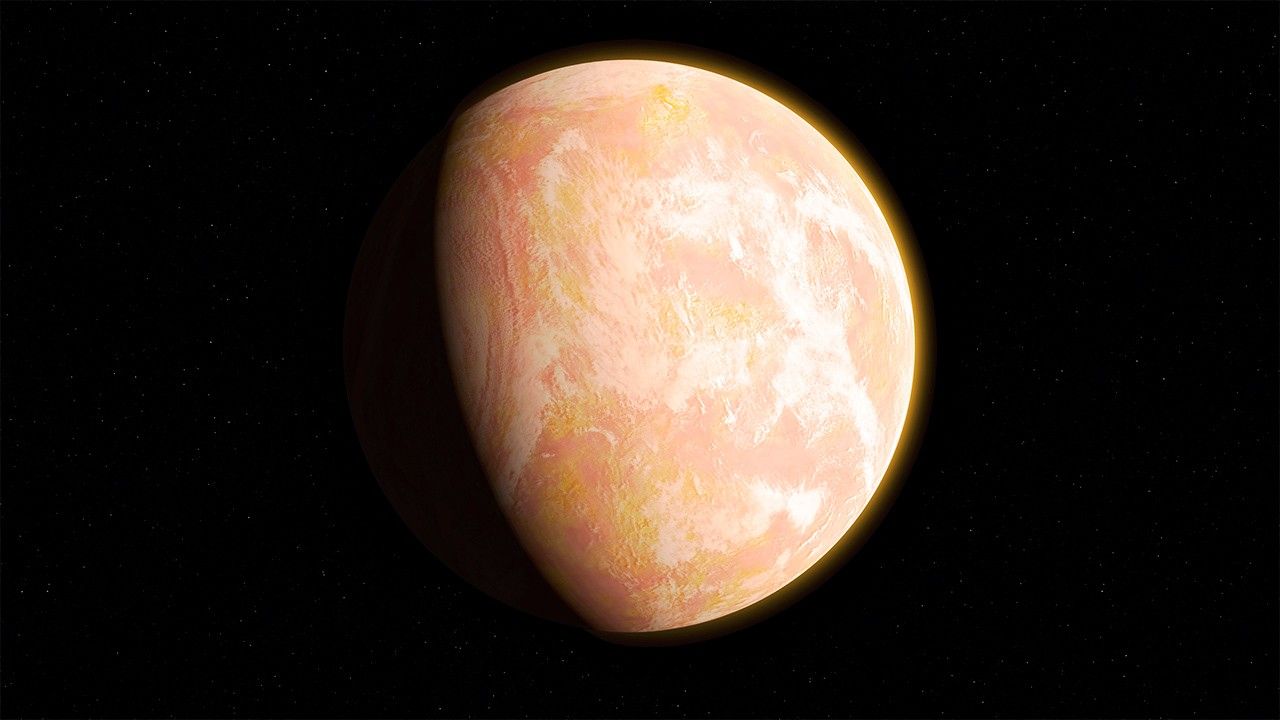 An illustration of ancient Earth. It appears yellow/orange in color with hazy clouds covering much of the surface. The planet sits in a field of black.