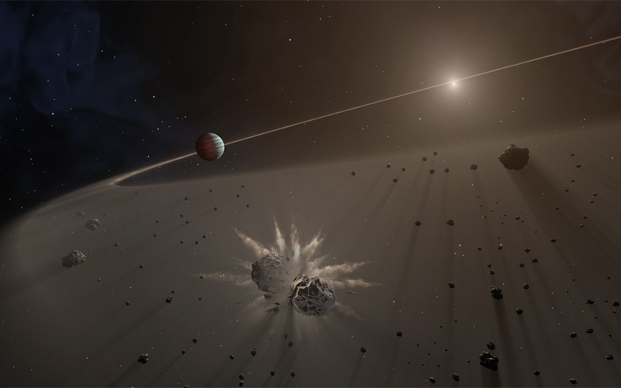 Illustration of a debris disk around a gas giant