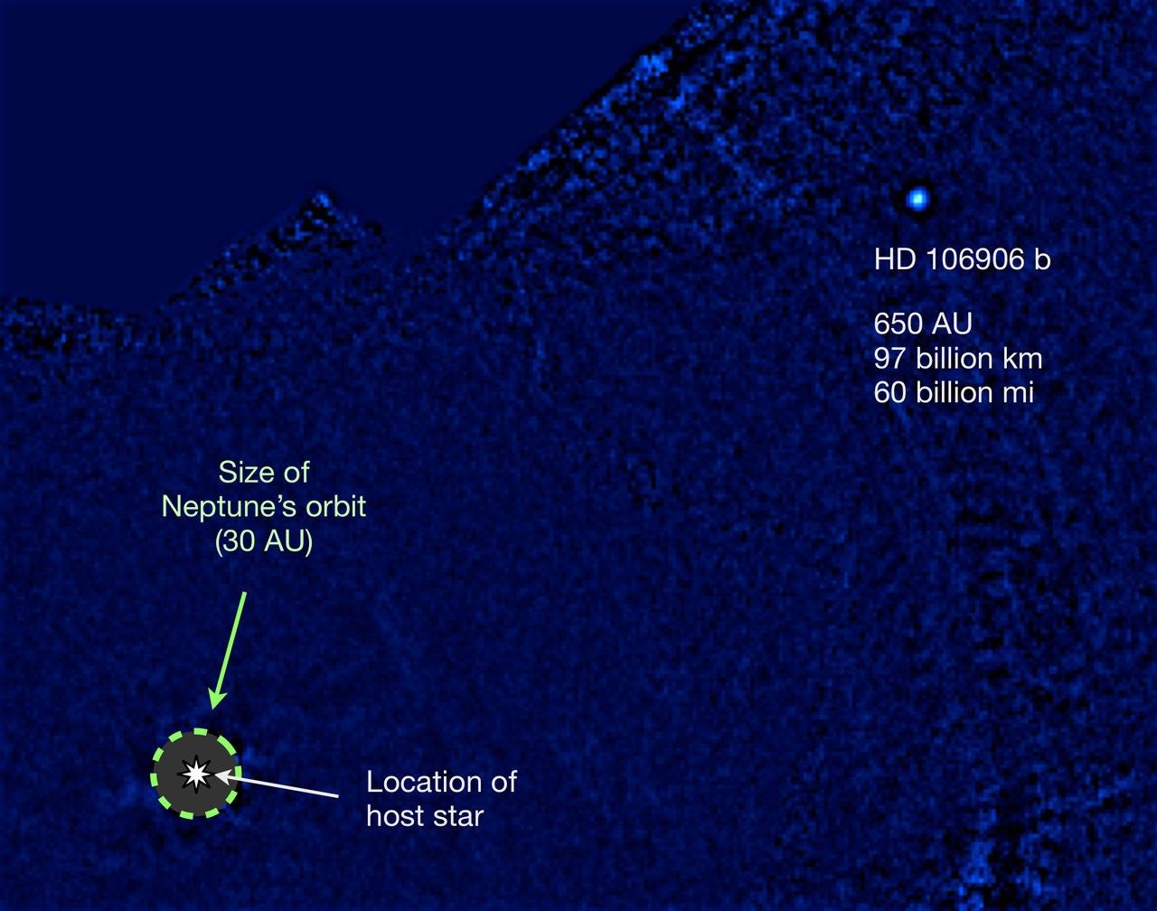 This is a discovery image of planet HD 106906 b in thermal infrared light from MagAO/Clio2, processed to remove the bright light from its host star, HD 106906 A. The planet is more than 20 times farther away from its star than Neptune is from our Sun. AU stands for Astronomical Unit, the average distance of the Earth and the Sun. (Image: Vanessa Bailey)