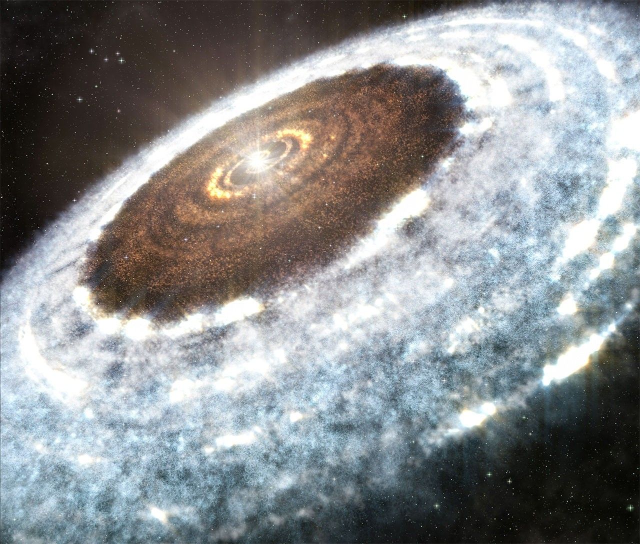 A bright star is surrounded by an inner circle of dust and a glowing snowy outer circle.