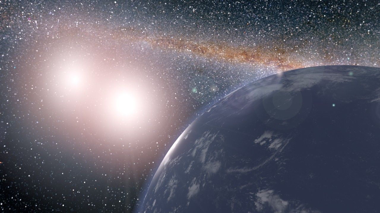 An illustration of a water planet with two stars in the upper right corner.