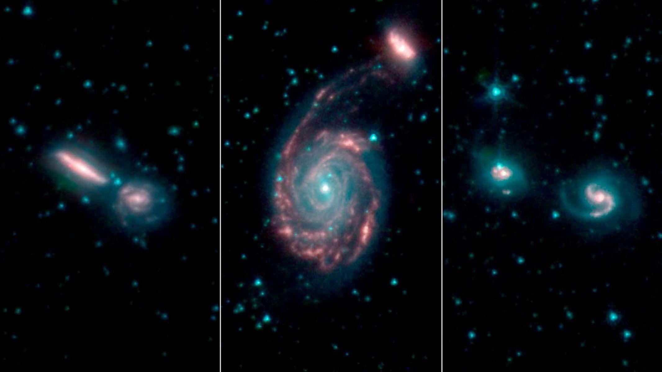 Three images are shown showing swirling galaxies seen by NASA's Spitzer space telescope.
