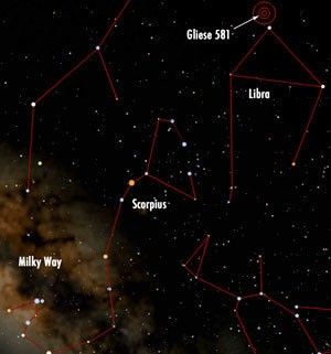 This constellation map shows Gliese 581 g's location in the night sky. (Star chart generated by TheSky6 © Software Bisque, Inc. All rights reserved.)