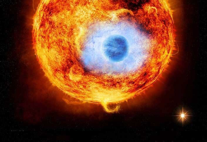 The main figure is an artist’s impression showing the HD 189733 system, containing a Sun-like star orbited by HD 189733b, an exoplanet about the size of Jupiter. The inset contains the Chandra image of HD 189733. The source in the middle is the main star and the source in the lower right is the faint companion star. The source at the bottom of the image is a background object not contained in the HD 189733 system. Image Courtesy of: X-ray: NASA/CXC/SAO/K.Poppenhaeger et al; Illustration: NASA/CXC/M.Weiss