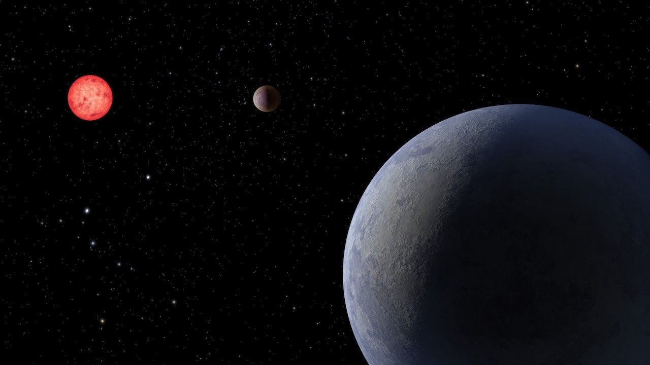 Illustration showing a super-Earth, LP 890-9 c, in the foreground, its sister planet LP 890-9 b farther away, both orbiting a red-dwarf star.