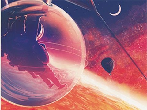 An artistic illustration of the surface of 55 Cancri e showing a couple in a protective bubble, suspended by a futuristic balloon over a global surface of lava, under dark, sparkling skies.