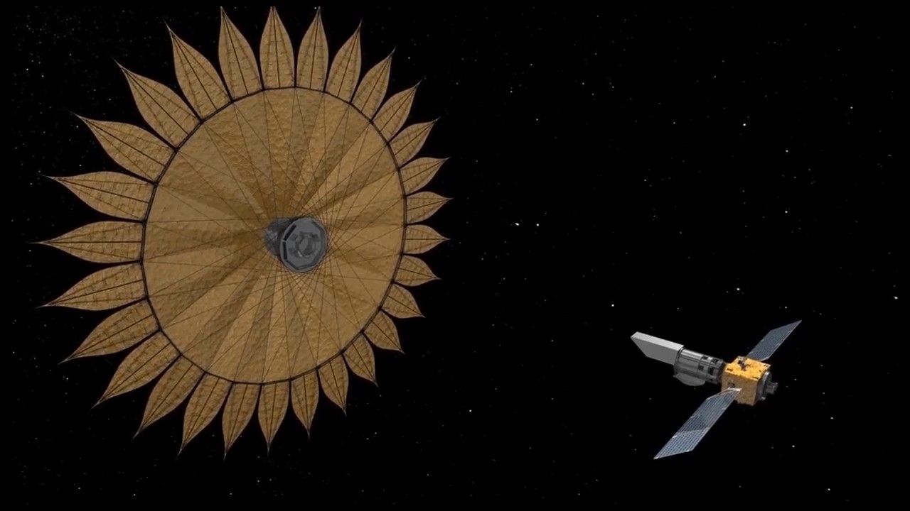 This artist's concept shows the geometry of a space telescope aligned with a starshade