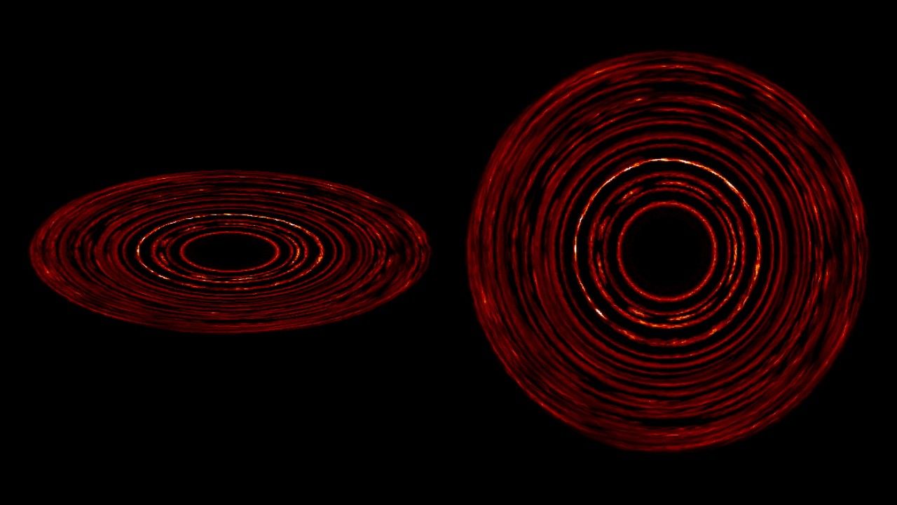 Debris disks around stars naturally form complex structures without the presence of a planet. This image shows the dust density and the growth of structure in a simulated disk, which extends about 100 times farther from its star than Earth's orbit around the sun. At left, the disk is seen from a 24-degree angle; at right, it's face-on. Lighter colors show greater dust concentrations.