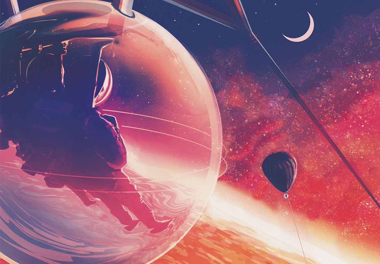 Two people float in a bubble above a lava surface in this illustration.