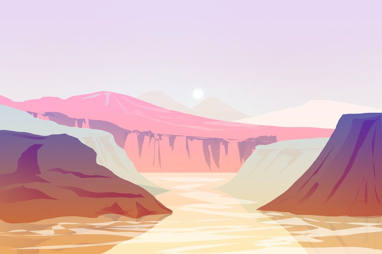In a colorful illustration somewhat in the style of a National Parks poster, a water-filled Jezero Crater on Mars, as it might have looked billions of years ago, is in the foreground, touched with yellow and gold light from a Martian sunset; the Sun is setting over a gap in the crater wall in the center of the image, through which the water is flowing. The crater walls on either side of the gap are brown, with pink cliffs in the distance, and a white sun setting in a light violet sky.
