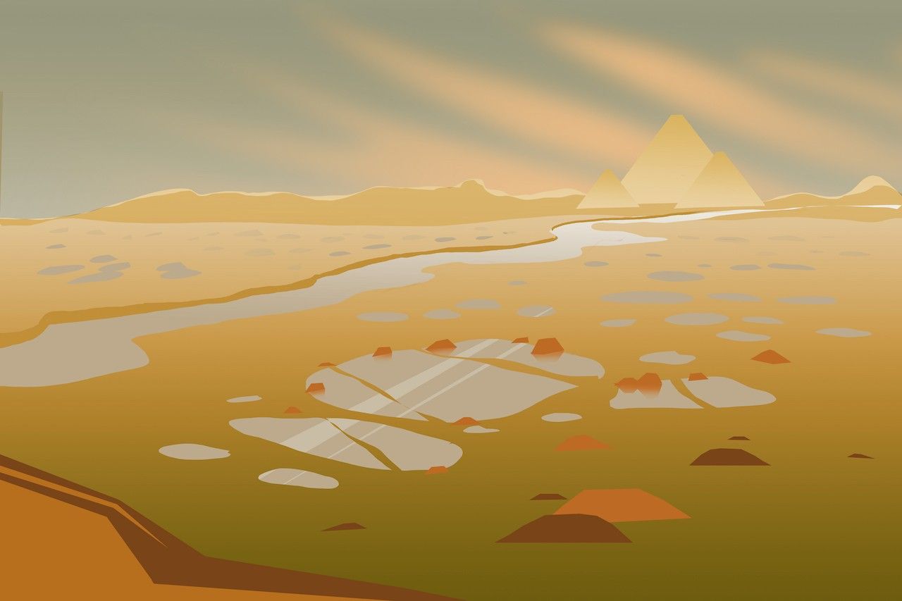 View from above shows early Earth as it might have looked when life first formed. Dusky colors include a dull green and tan foreground with rocks, a river and small vernal ponds glinting in the sunlight. Above the horizon is a gray-blue sky with long, slanting clouds of yellow-tan.