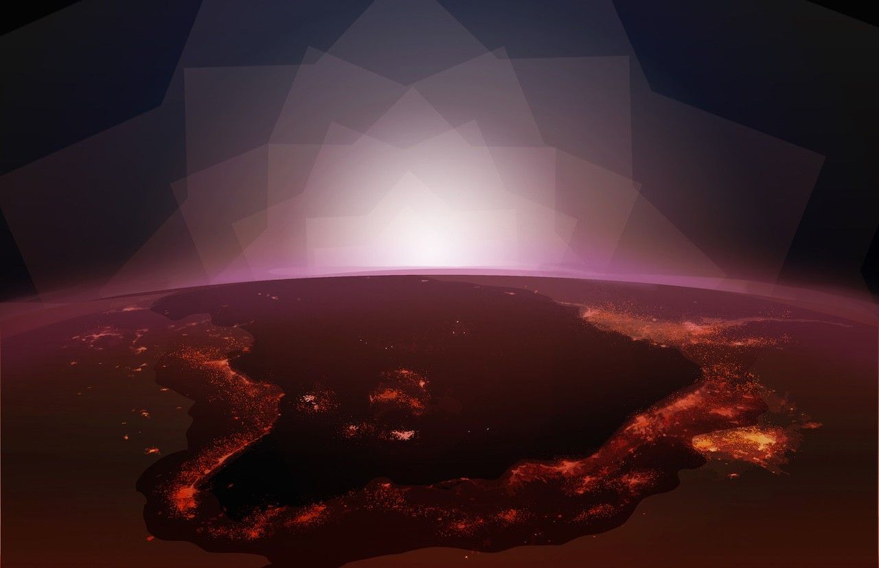 As if in orbit, we see in this illustration the limb of a distant planet, dark as if on the night-side, in the foreground, with blobs and streams of artificial light on the surface. In the middle of the image, with the planet below, is the planet’s star – its sun – just at the edge of the planet, which stretches on a curve all the way across the image. Above the planet and star is the dark of space.