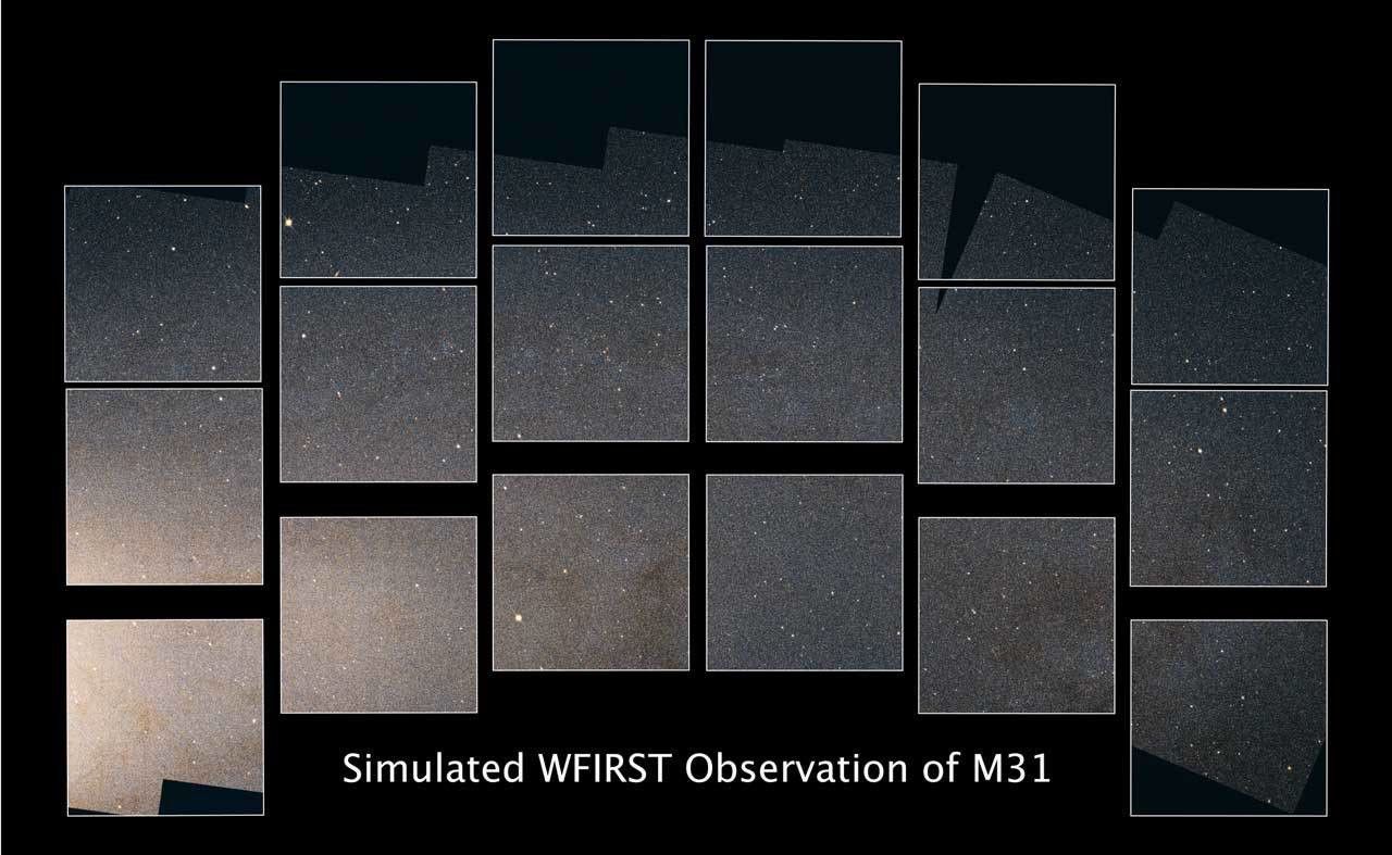 A simulated view of the Andromeda Galaxy is seen with squares revealing the Field of View from the upcoming WFIRST space telescope.