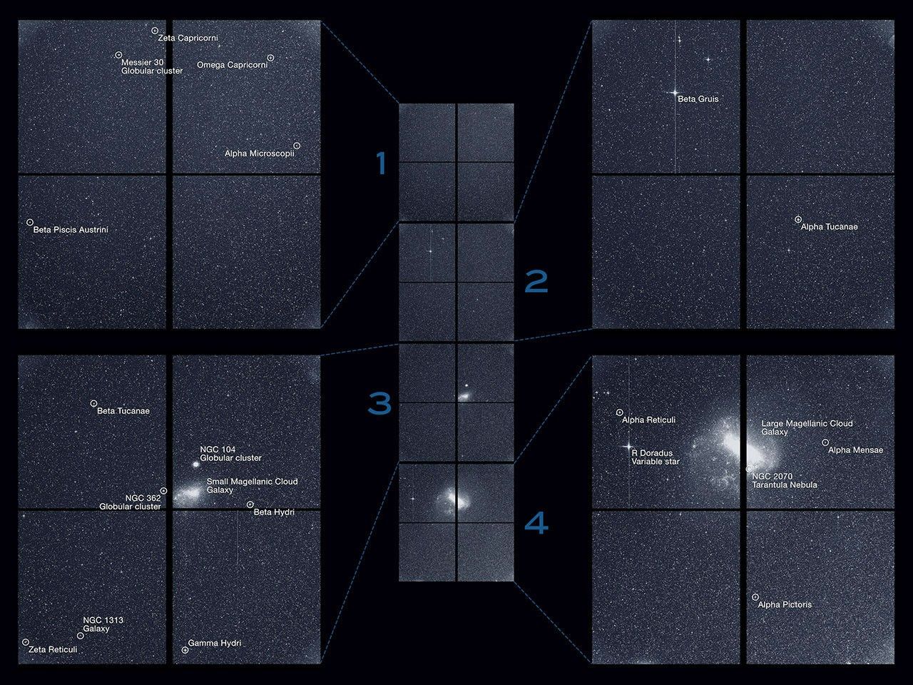 A black and white image of a strip of images from four cameras showing fields of stars and a Magellanic Clouds in the black of space.