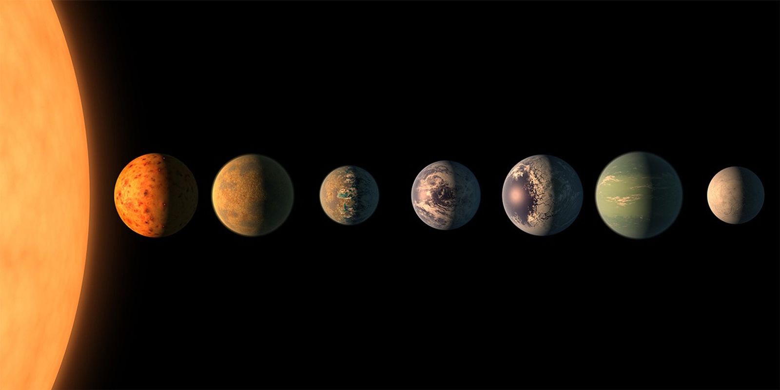 Illustration of a solar system with seven Earth-sized planets.