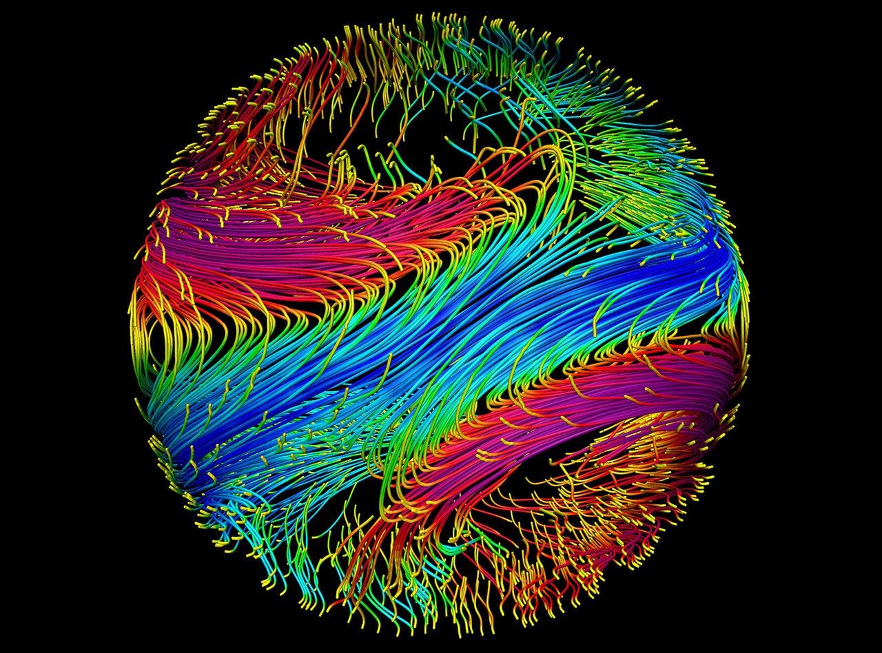 Night-side view of magnetic field lines in a simulation of a "hot Jupiter" exoplanet. Simulations like these help researchers better understand the interior dynamics of these planets and learn more about how they may have formed. Magenta indicates magnetic fields with positive polarity, and blue indicates fields with negative polarity. Image credit: Tamara Rogers, Jess Vriesema, University of Arizona