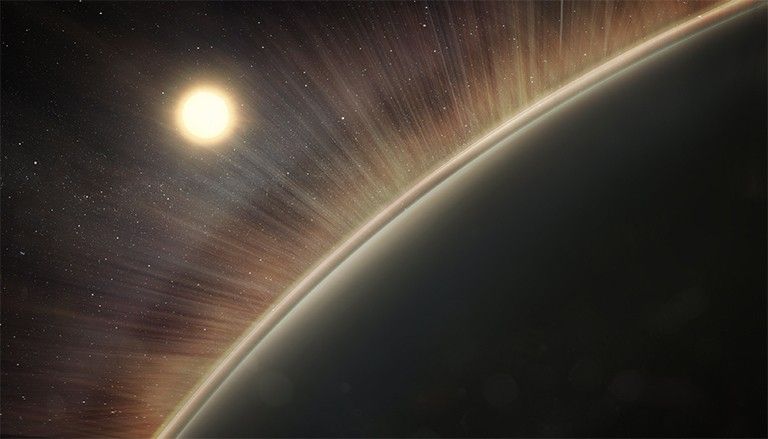 An artist's concept of the electric wind at Venus. Rays represent the paths that oxygen and hydrogen ions take as they are pulled out of the upper atmosphere.