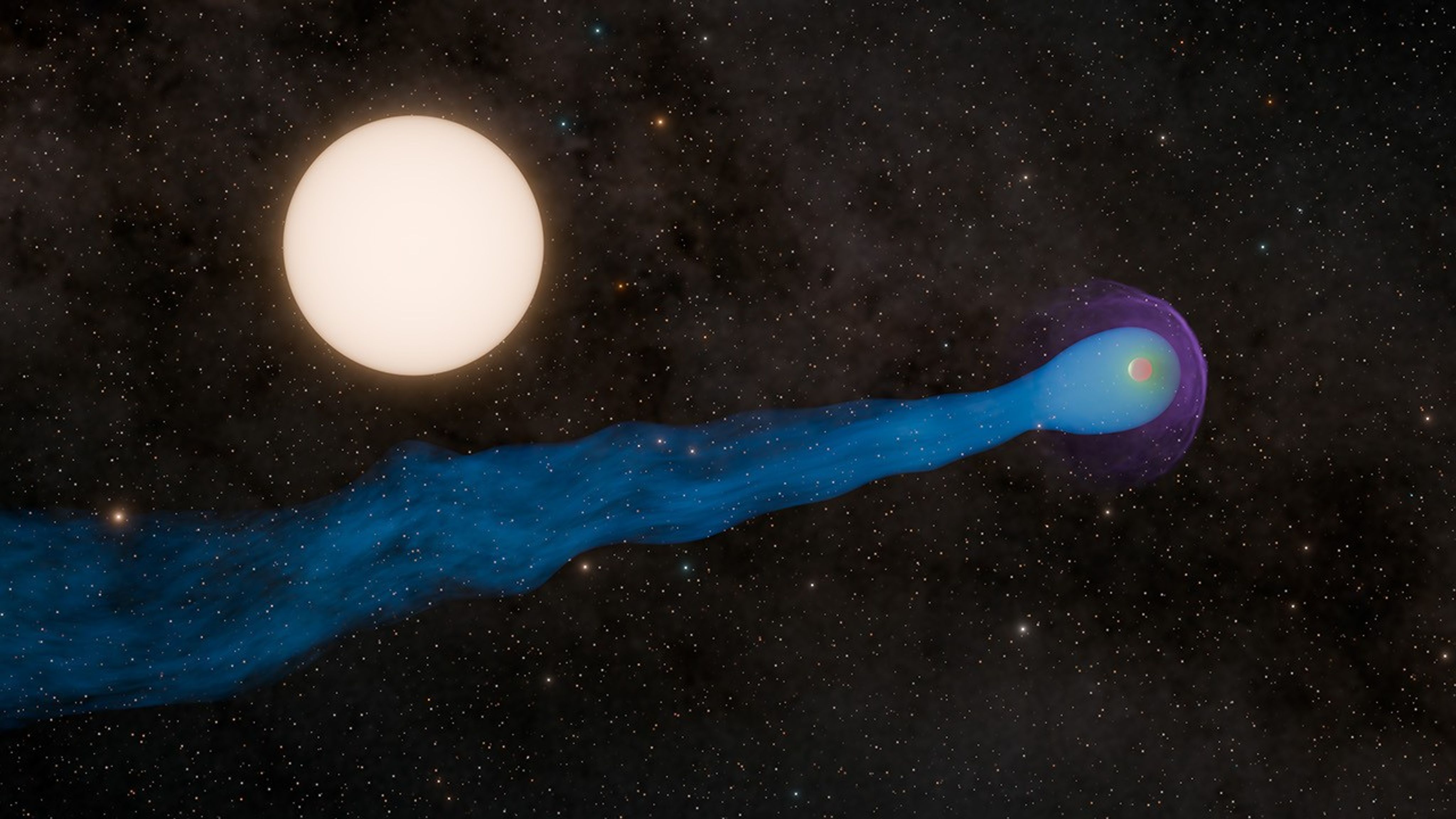 Exoplanet WASP-69 b orbits in front of its star, with a gaseous tail flowing behind it.