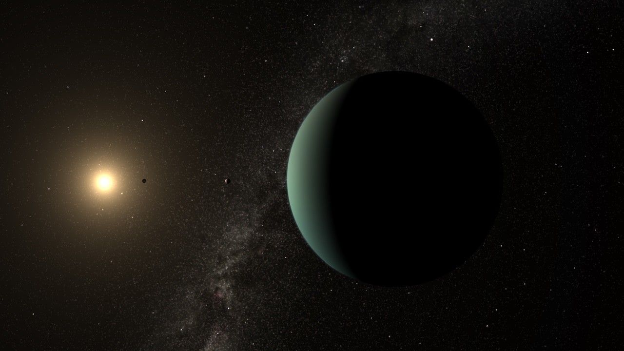 At right is the blue-green limb of a planet, showing only a crescent to the left; the rest of the disk is dark. to the left of the crescnet is the planet's star. In between two more distant, orbiting planets can be seen.een